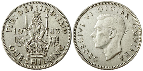 1 шиллинг 1943 Великобритания — Шотландский шиллинг — лев, сидящий на короне — серебро