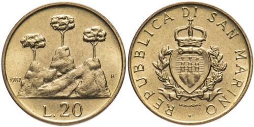 20 лир 1987 Сан-Марино — 15 лет возобновлению чеканке монет