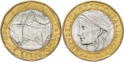 1000 лир 1997 Италия — Европейский Союз, неправильная карта с объединенной Германией