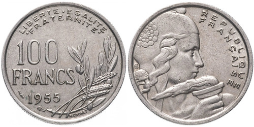 100 франков 1955 Франция — Без отметки монетного двора «B»