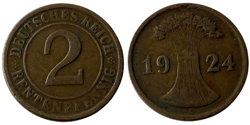 2 рентенпфеннига 1924 Германия — Стёртая отметка монетного двора