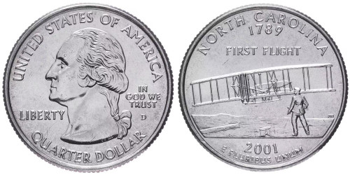 25 центов 2001 D США — Северная Каролина — North Carolina UNC