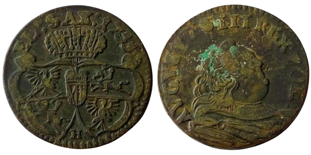 1 грош 1755 Польша — Отметка монетного двора «H» №1