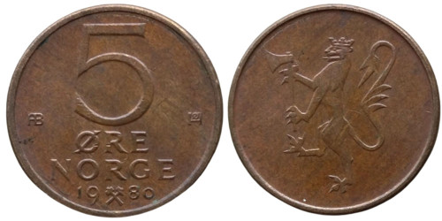 5 эре 1980 Норвегия — Отметка монетного двора: «AB»