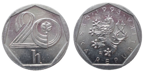 20 геллеров 1993 Чехия — Отметка монетного двора: «b’» (b с короной) — Яблонец-над-Нисой, Чехия