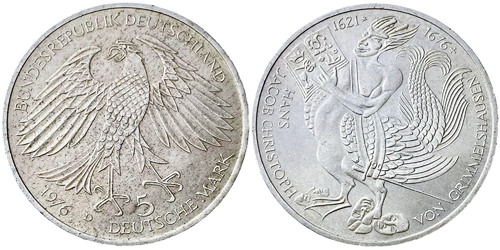5 марок 1976 «D» ФРГ — 300 лет со дня смерти Ганса Якоба Кристоффеля фон Гриммельсгаузена — серебро