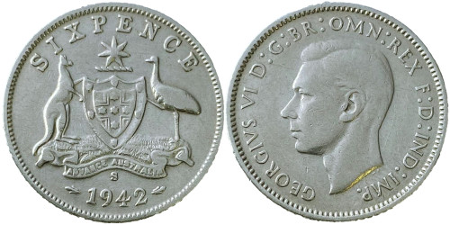 6 пенсов 1942 Австралия, отметка монетного двора: «S» — Сан-Франциско — серебро
