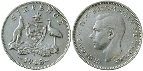 6 пенсов 1943 Австралия, отметка монетного двора: «S» — Сан-Франциско — серебро