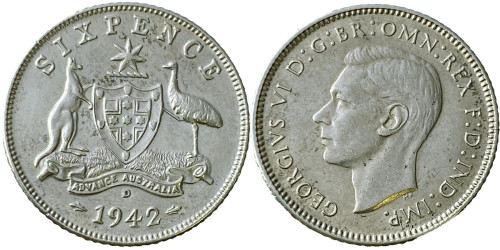 6 пенсов 1942 Австралия, отметка монетного двора: «D» — Денвер — серебро