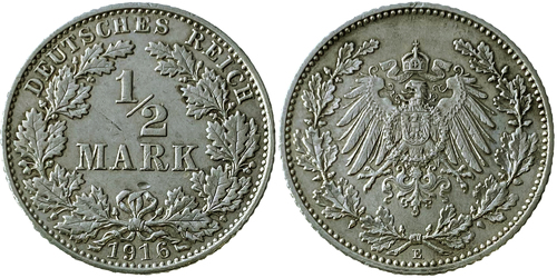 1/2 марки 1916 «Е» Германия — серебро