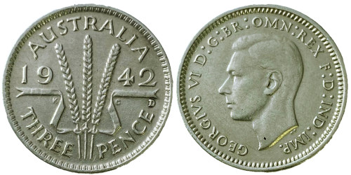 3 пенса 1942 Австралия — отметка монетного двора: «D» — Денвер — серебро