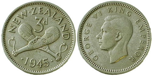 3 пенса 1945 Новая Зеландия — серебро