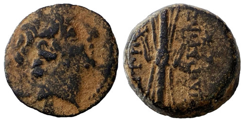 Селевкиды —  Антиох IX — 116-95 годы до Р.Х — сын Клеопатры Тея (пучок молний)