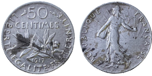 50 сантимов 1917 Франция — серебро