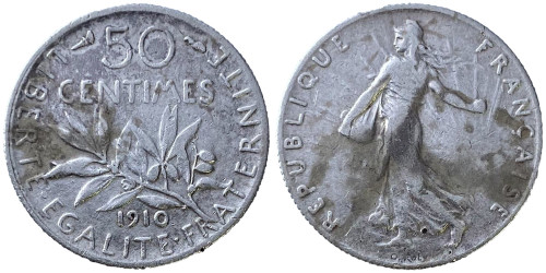 50 сантимов 1910 Франция — серебро №1