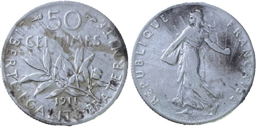 50 сантимов 1911 Франция — серебро