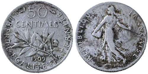 50 сантимов 1909 Франция — серебро