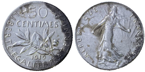 50 сантимов 1919 Франция — серебро №1