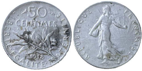 50 сантимов 1918 Франция — серебро