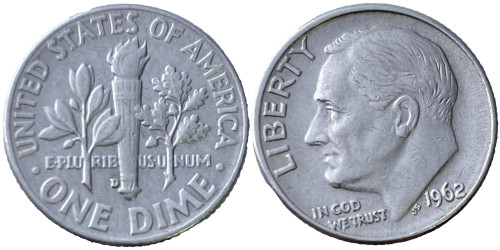 1 дайм 1962 США — Отметка монетного двора: «D» — Денвер