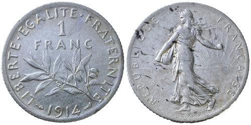 1 франк 1914 Франция — серебро