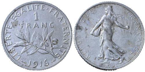 1 франк 1916 Франция — серебро №1