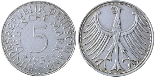 5 марок 1951 «J» Германия — серебро