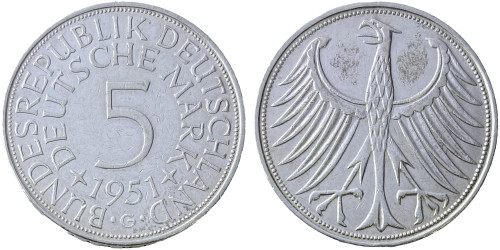 5 марок 1951 «G» Германия — серебро