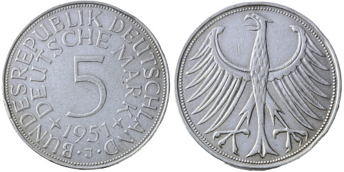 5 марок 1951 «J» Германия — серебро №1