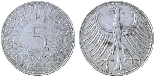 5 марок 1951 «F» Германия — серебро №1