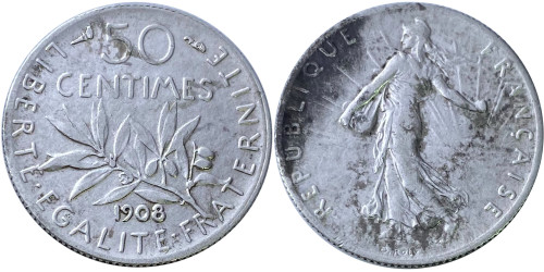 50 сантимов 1908 Франция — серебро