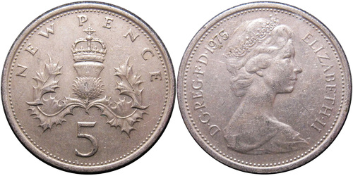 5 новых пенсов 1975 Великобритания