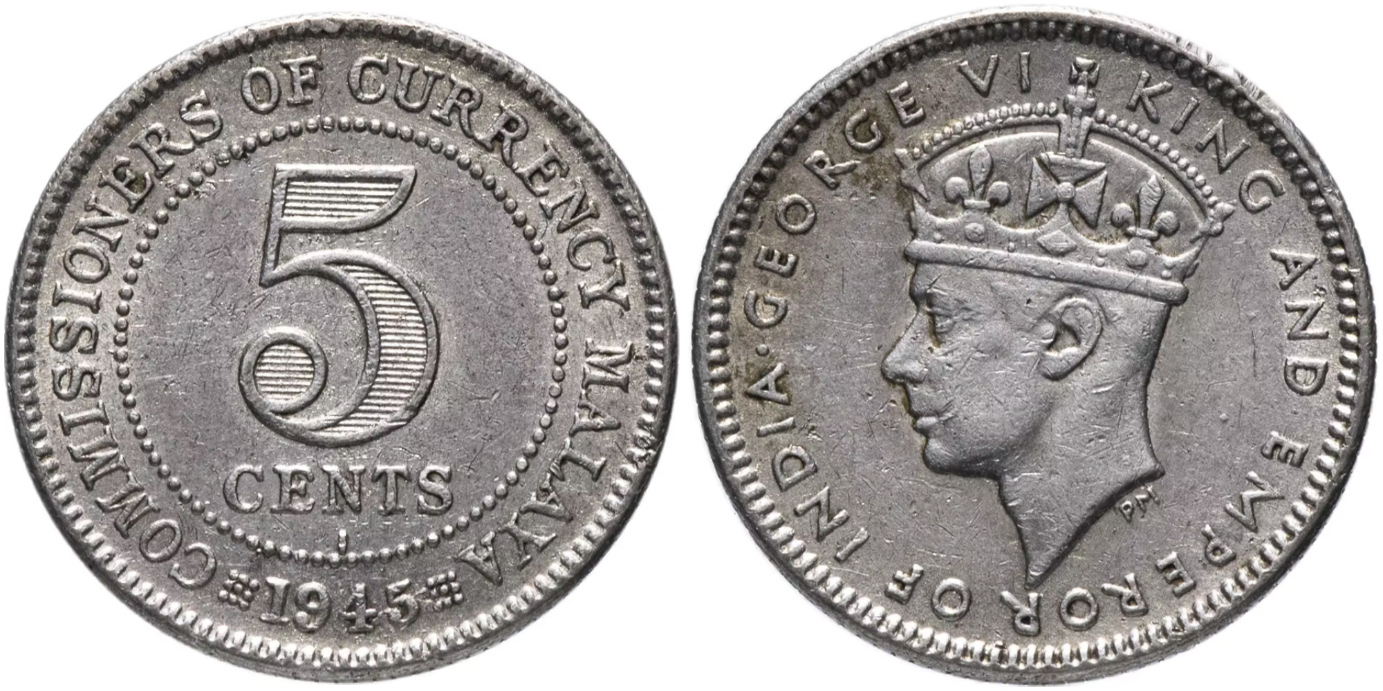 5 центов 1945 — Малайя — Отметка монетного двора «I» — Бомбей — серебро