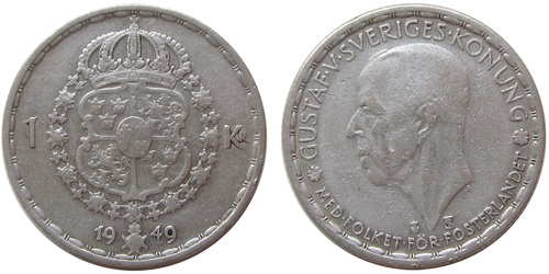 1 крона 1949 Швеция  — серебро